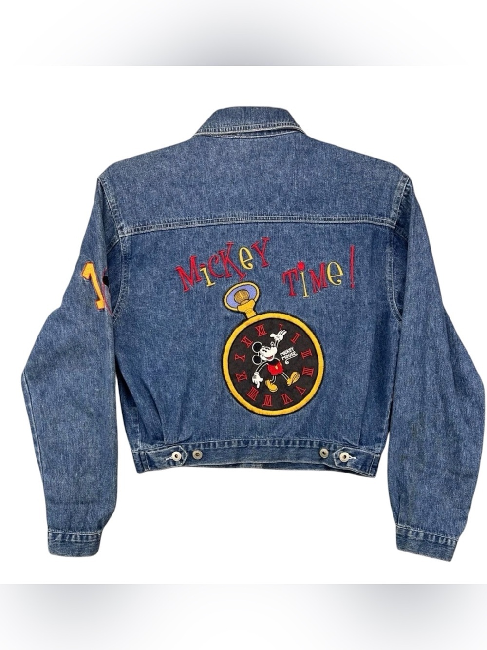 Vintage Mickey & Co Denim Jacket Disney Mickey Mouse Time Patch Retro 90s Sz Lg - Picture 3 of 8